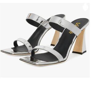 Miss left Silver Open Toe Dual Strappy Mules Backless Chunky High Heel Sandals